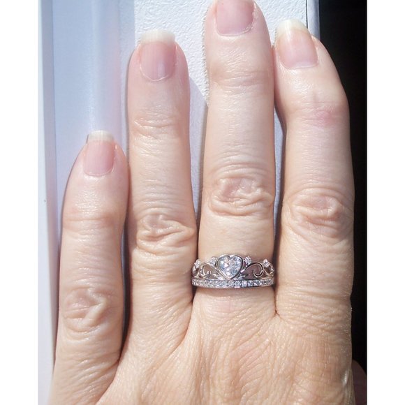 925 STERLING SILVER Heart Crown Tiara Cubic Zirconia Ring - Picture 3 of 16